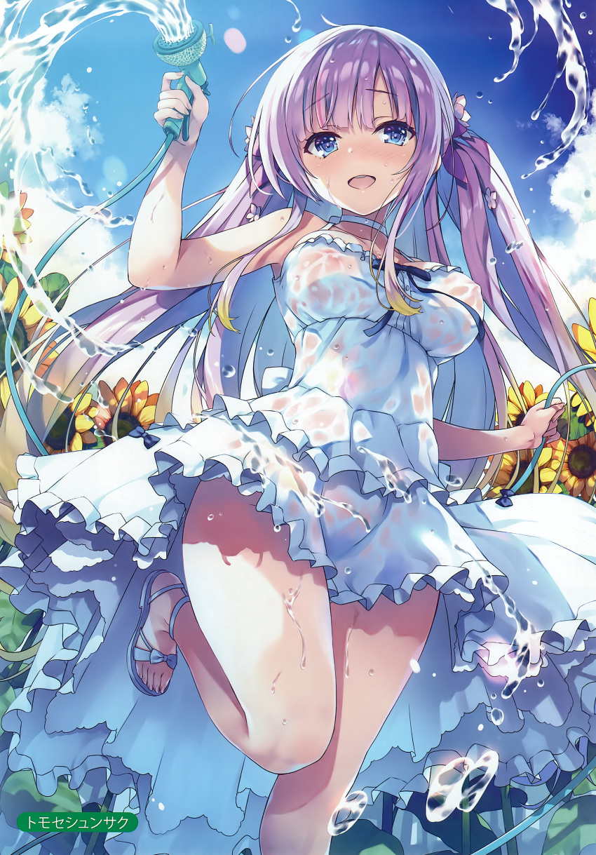 1girl :d absurdres artist_name bangs bare_arms bare_shoulders blue_eyes blue_sky bow bowtie breasts clouds cloudy_sky day dress eyebrows_visible_through_hair fingernails flower highres holding hose leg_up long_hair looking_at_viewer medium_breasts melonbooks nipples open_mouth open_toe_shoes outdoors pink_hair ribbon scan see-through shiny shiny_hair simple_background sky smile solo sunflower tied_hair tomose_shunsaku twintails water wet wet_clothes white_dress