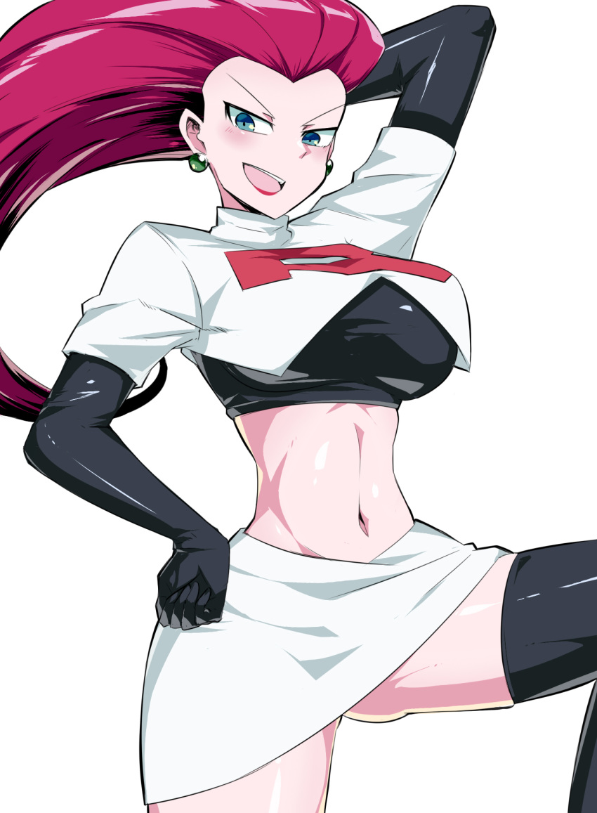 1girl :d arm_up black_footwear black_gloves blue_eyes blush boots breasts commentary crop_top earrings elbow_gloves gloves green_earrings hand_on_hip highres jewelry lipstick makeup musashi_(pokemon) navel open_mouth pokemon pokemon_(anime) red_lips shimure_(460) shiny shiny_skin short_sleeves simple_background skirt smile solo spread_legs teeth thigh-highs thigh_boots tongue turtleneck v-shaped_eyebrows white_background white_skirt