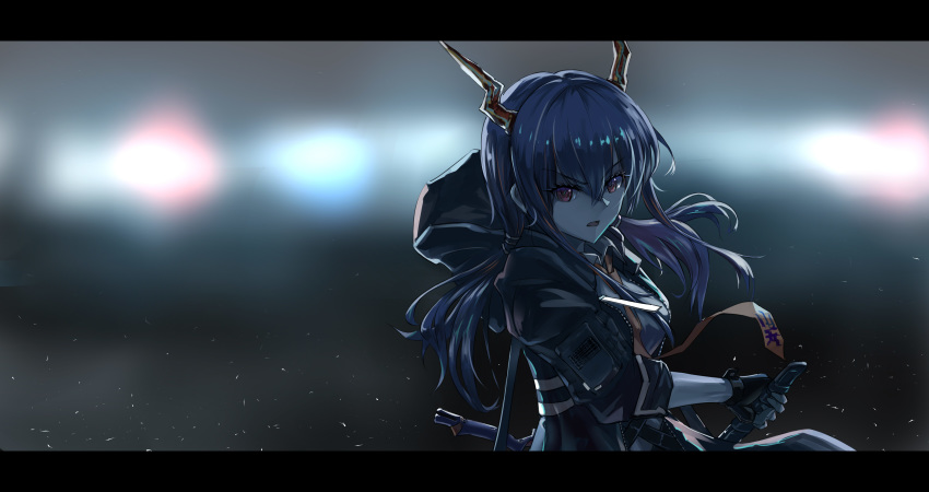 1girl absurdres arknights bangs black_gloves black_jacket blue_hair ch'en_(arknights) chinese_commentary cishi_nianshao commentary_request dragon_horns gloves hair_between_eyes highres horns jacket letterboxed long_hair looking_at_viewer solo upper_body