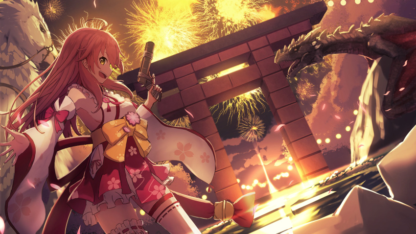 1girl absurdres ahoge ark_survival_evolved bell bow breasts clouds cloudy_sky commentary cowboy_shot detached_sleeves dragon fireworks floral_print green_eyes gun handgun highres hip_vent holding holding_gun holding_weapon hololive long_hair looking_at_viewer medium_breasts miniskirt monster namako_(namacotan) nontraditional_miko open_mouth outdoors outstretched_arm pink_hair red_skirt sakura_miko sideboob skirt sky smile solo thigh-highs thighs torii virtual_youtuber weapon white_legwear wide_sleeves yellow_bow