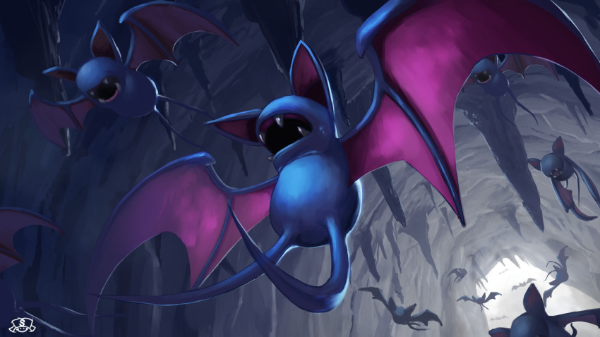 bat cave commentary_request fangs flying gen_1_pokemon highres no_humans open_mouth pokemon pokemon_(creature) stalactite supearibu watermark zubat