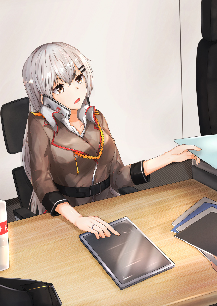 1girl absurdres belt black_belt breasts brown_jacket cellphone chair eyebrows_visible_through_hair girls_frontline grey_eyes grey_hair hat hat_removed headwear_removed highres huge_filesize jacket jewelry long_hair looking_away medium_breasts military military_hat military_uniform muteppona_hito office office_chair open_mouth paper phone ring shirt smartphone solo svd_(girls_frontline) table tablet_pc talking_on_phone uniform white_shirt