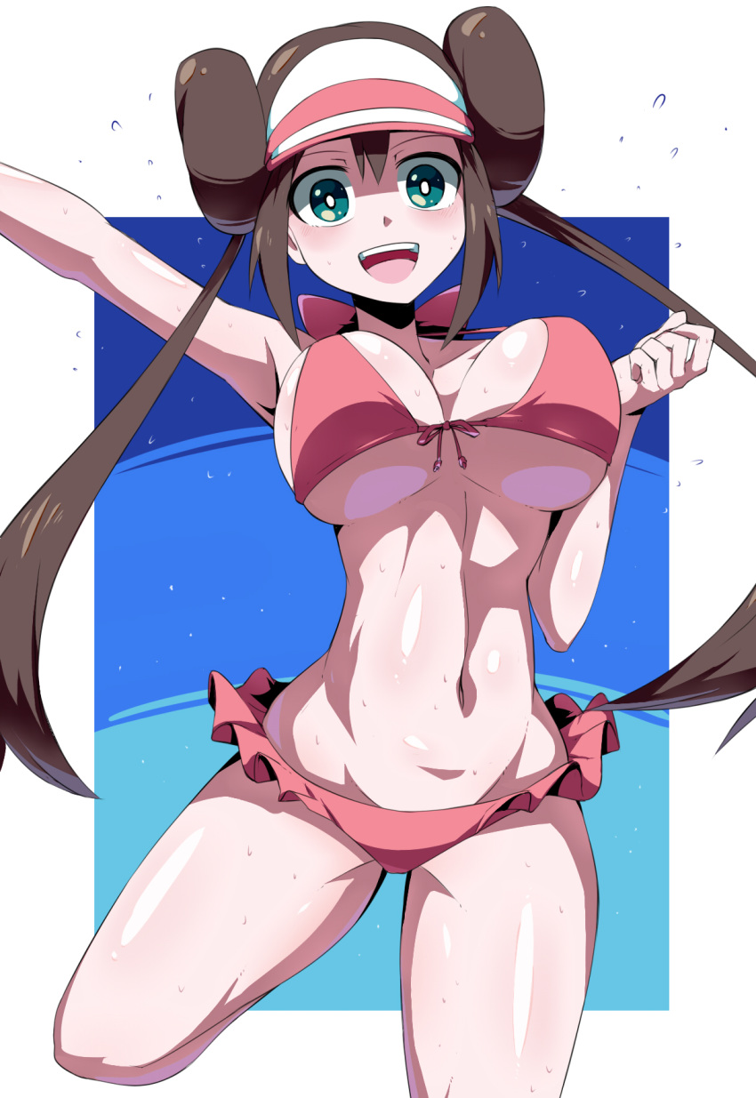 1girl :d arm_up bangs bikini breasts brown_hair commentary_request double_bun flying_sweatdrops green_eyes hand_up highres large_breasts long_hair looking_at_viewer mei_(pokemon) navel open_mouth pink_bikini pokemon pokemon_(game) pokemon_bw2 shaded_face shimure_(460) shiny shiny_skin sidelocks smile solo swimsuit teeth tongue twintails two-tone_headwear upper_teeth very_long_hair visor_cap