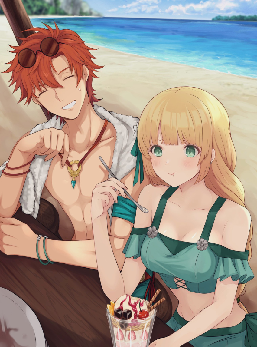 1boy 1girl beach blonde_hair blue_sky closed_mouth clouds day eating eyewear_on_head fire_emblem fire_emblem:_three_houses fire_emblem_heroes flower green_eyes grin hair_flower hair_ornament highres holding holding_spoon ingrid_brandl_galatea jewelry long_hair necklace outdoors plate redhead shimizu_akina shirtless short_hair sitting sky smile spoon sunglasses swimsuit sylvain_jose_gautier water