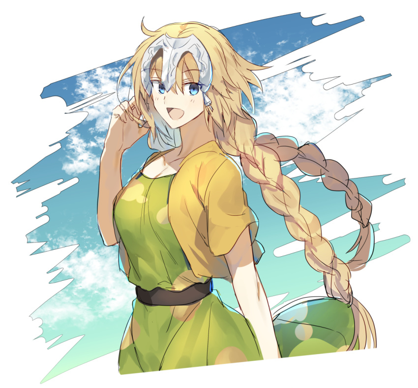 1girl alternate_costume blonde_hair blue_eyes blush braid breasts fate/apocrypha fate/grand_order fate_(series) hair_between_eyes hand_in_hair jeanne_d'arc_(fate)_(all) long_hair nikame sketch smile solo twin_braids white_background