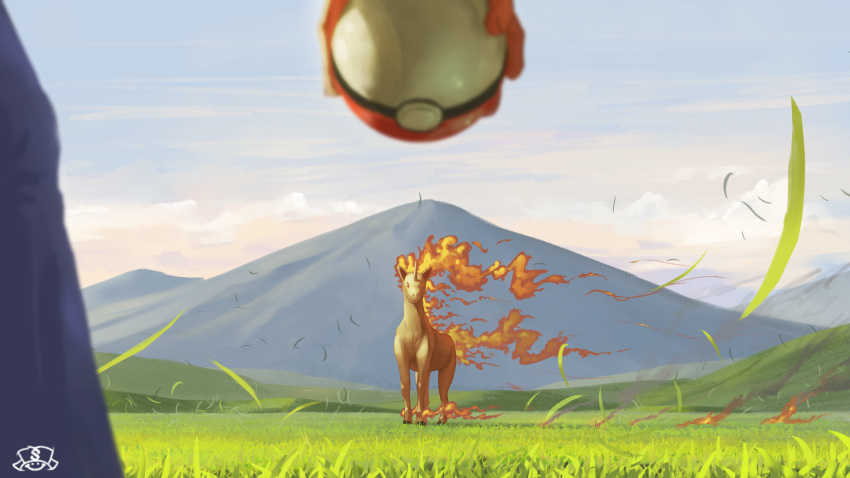 commentary_request day fire gen_1_pokemon grass highres holding holding_poke_ball outdoors poke_ball poke_ball_(basic) pokemon pokemon_(creature) rapidash sky standing supearibu watermark