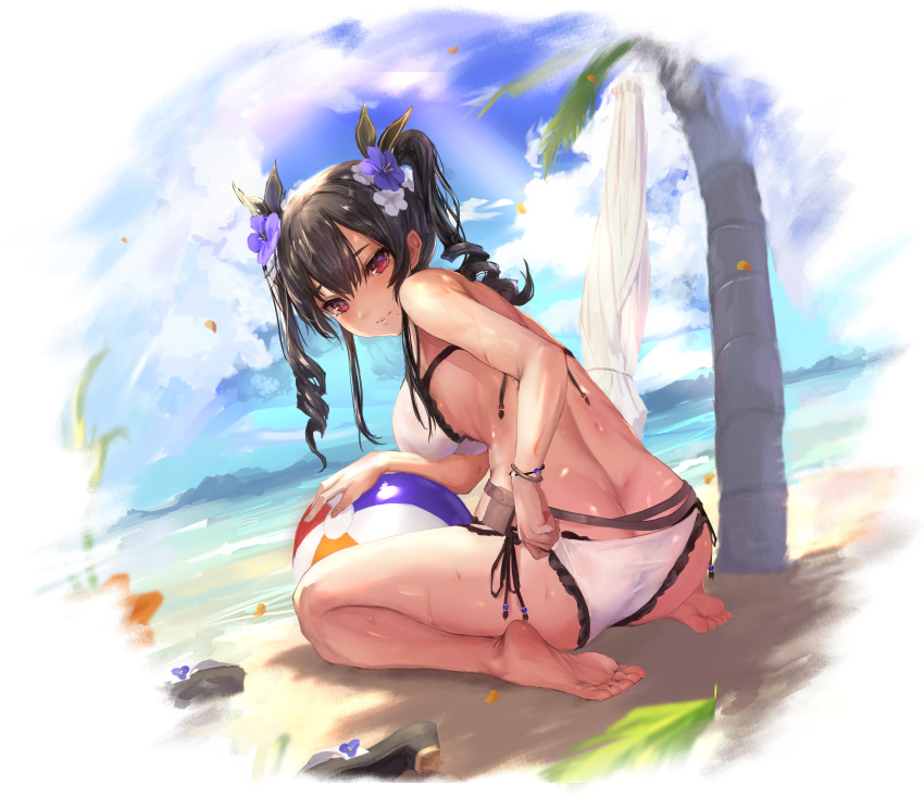 1girl absurdres ass ball bangs barefoot beachball bikini black_hair blush breasts butt_crack curly_hair flower hair_between_eyes hair_flower hair_ornament highres huge_filesize large_breasts looking_at_viewer looking_back manichi medium_hair mole mole_under_mouth original outdoors shiny shiny_skin shoes_removed sidelocks smile soles swimsuit twintails wet white_bikini wristband