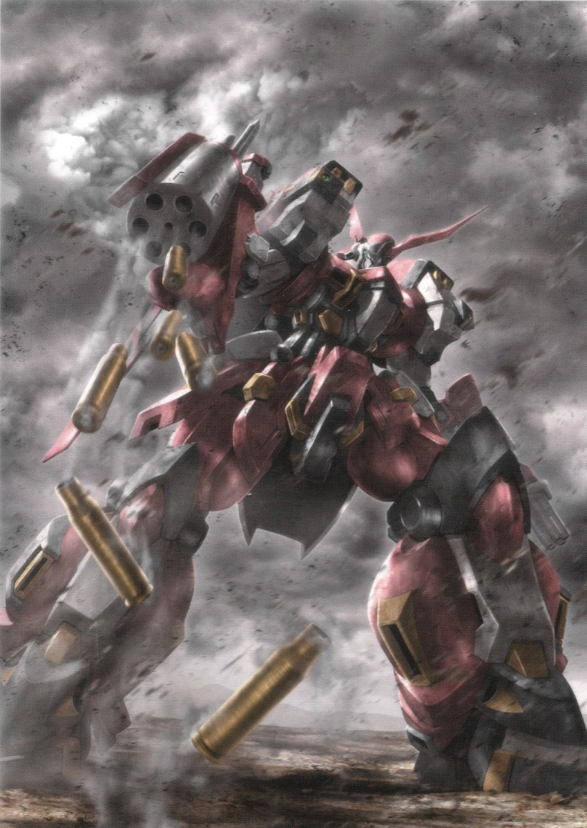 alteisen_riese ammunition clenched_hand clouds cloudy_sky highres horns looking_at_viewer looking_down mecha morishita_naochika no_humans non-web_source official_art on_ground pile_bunker robot science_fiction single_horn sky super_robot_wars super_robot_wars_impact super_robot_wars_original_generation