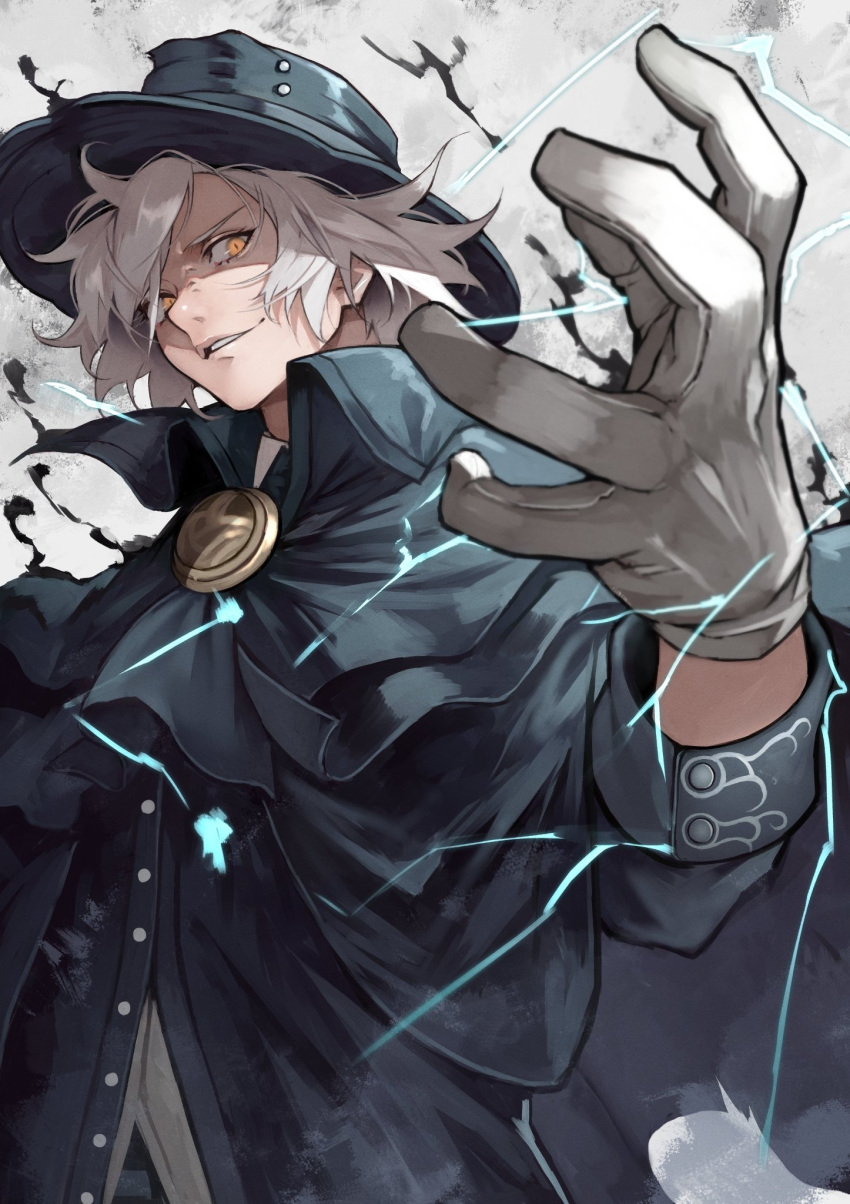 1boy bangs black_cape black_headwear black_neckwear cape edmond_dantes_(fate/grand_order) electricity fate/grand_order fate_(series) gankutsuou gloves grin hat highres long_sleeves looking_at_viewer male_focus medium_hair parted_lips silver_hair slit_pupils smile solo tagme teeth upper_body white_gloves white_hair yellow_eyes yoshio_(55level)