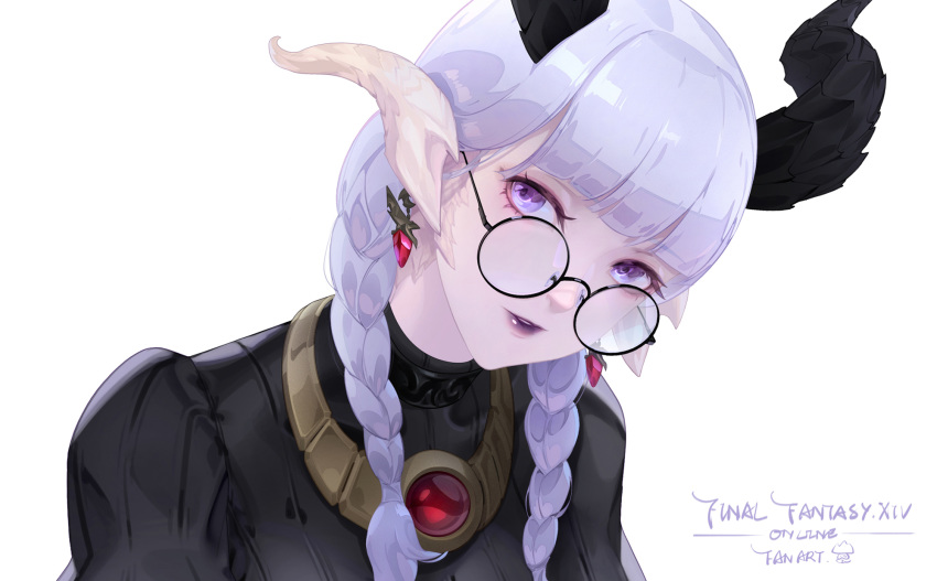 1girl au_ra bangs black-framed_eyewear blunt_bangs braid copyright_name demon_horns earrings english_text eyebrows_visible_through_hair face final_fantasy final_fantasy_xiv highres horns jewelry konghai_shanren lavender_hair lipstick long_hair makeup necklace parted_lips puffy_sleeves purple_lipstick round_eyewear signature simple_background solo upper_body violet_eyes white_background