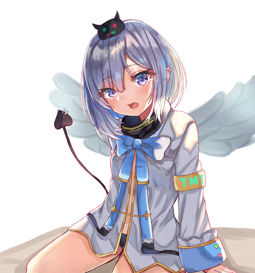 1girl amane_kanata angel angel_wings armband black_panties blue_ribbon commentary_request demon_tail hair_ornament highres hololive open_mouth panties ribbon school_uniform seiza silver_hair sitting tail underwear violet_eyes white_background wings