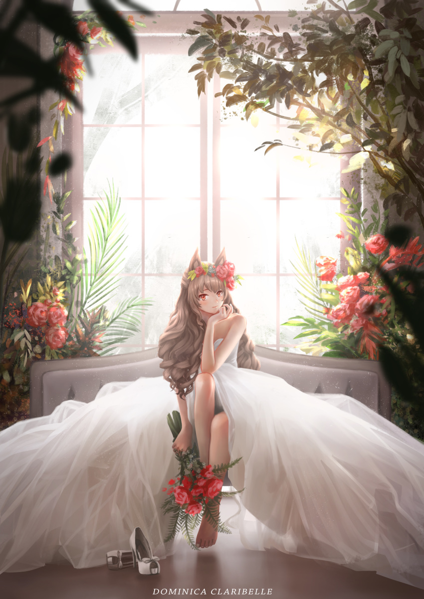 absurdres angelina_(arknights) animal_ears arknights barefoot brown_hair couch dclaribelle dress flower hair_flower hair_ornament high_heels highres indoors light_blush light_brown_hair long_hair orange_eyes rose toenails wedding_dress white_dress white_nails window