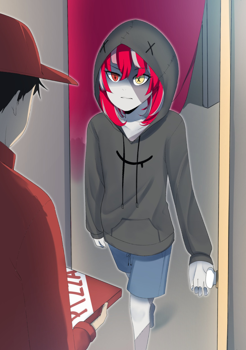 1boy 1girl absurdres alternate_costume baseball_cap black_hair blue_shorts casual colored_skin delivery english_text flat_chest grey_hoodie grey_skin hat heterochromia highres hololive hololive_indonesia hood hood_up hoodie kureiji_ollie long_sleeves medium_hair opening_door pizza_box pizza_delivery red_headwear red_shirt redhead rizu_tada shirt shorts stitched_face zombie
