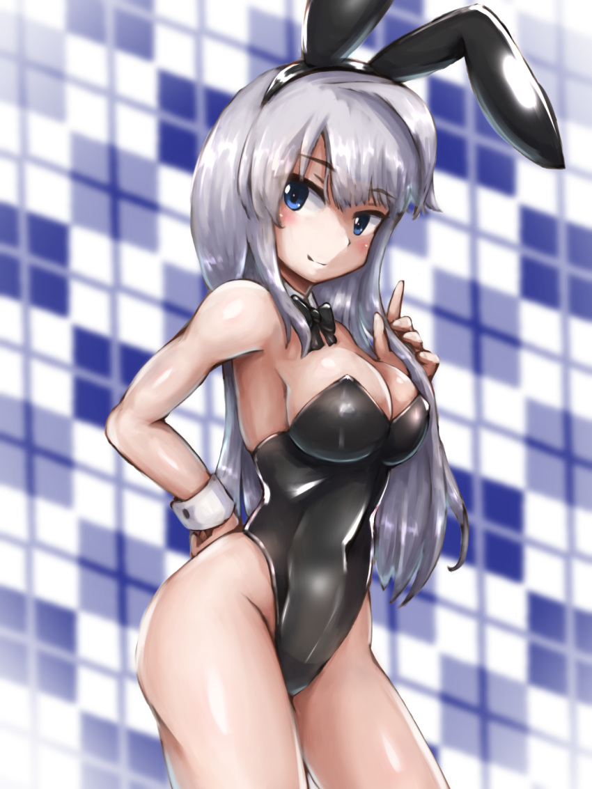 1girl alice_gear_aegis animal_ears black_leotard black_neckwear blue_eyes bow bowtie bunny_girl bunny_tail bunnysuit commentary_request contrapposto cowboy_shot detached_collar highres kondou_chieri leotard long_hair plaid plaid_background rabbit_ears silver_hair smile solo strapless strapless_leotard tail wrist_cuffs yotarou_(yotaro_bandit)