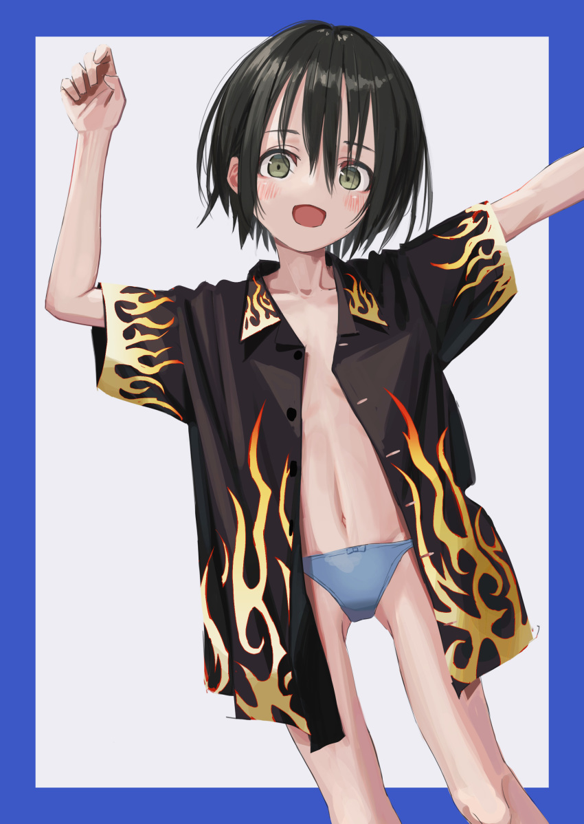 1girl :d absurdres ass_visible_through_thighs black_hair blue_border blue_panties blush border flame_print flat_chest green_eyes grey_background hands_up highres long_sleeves looking_at_viewer nadegata navel no_bra open_clothes open_mouth open_shirt original panties short_hair smile solo standing underwear