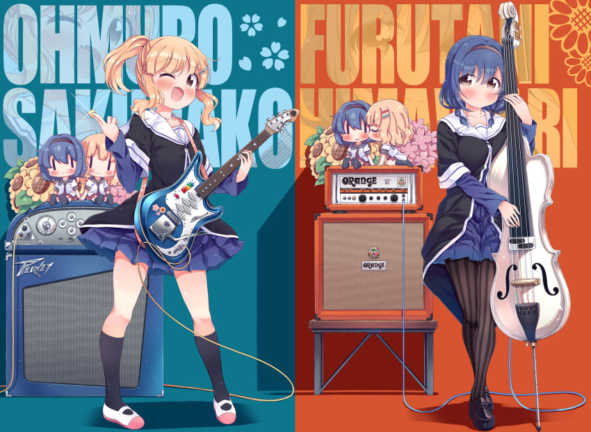 2girls :d alternate_hairstyle blonde_hair blue_hair blush breasts character_doll character_name cheek_kiss closed_eyes collarbone electric_guitar fang furutani_himawari guitar hair_intakes hair_ornament hairband hairclip highres instrument kiss kneehighs looking_at_viewer multiple_girls namesake one_eye_closed oomuro_sakurako open_mouth plectrum shoes smile striped striped_legwear tagme takahero yuru_yuri |_|