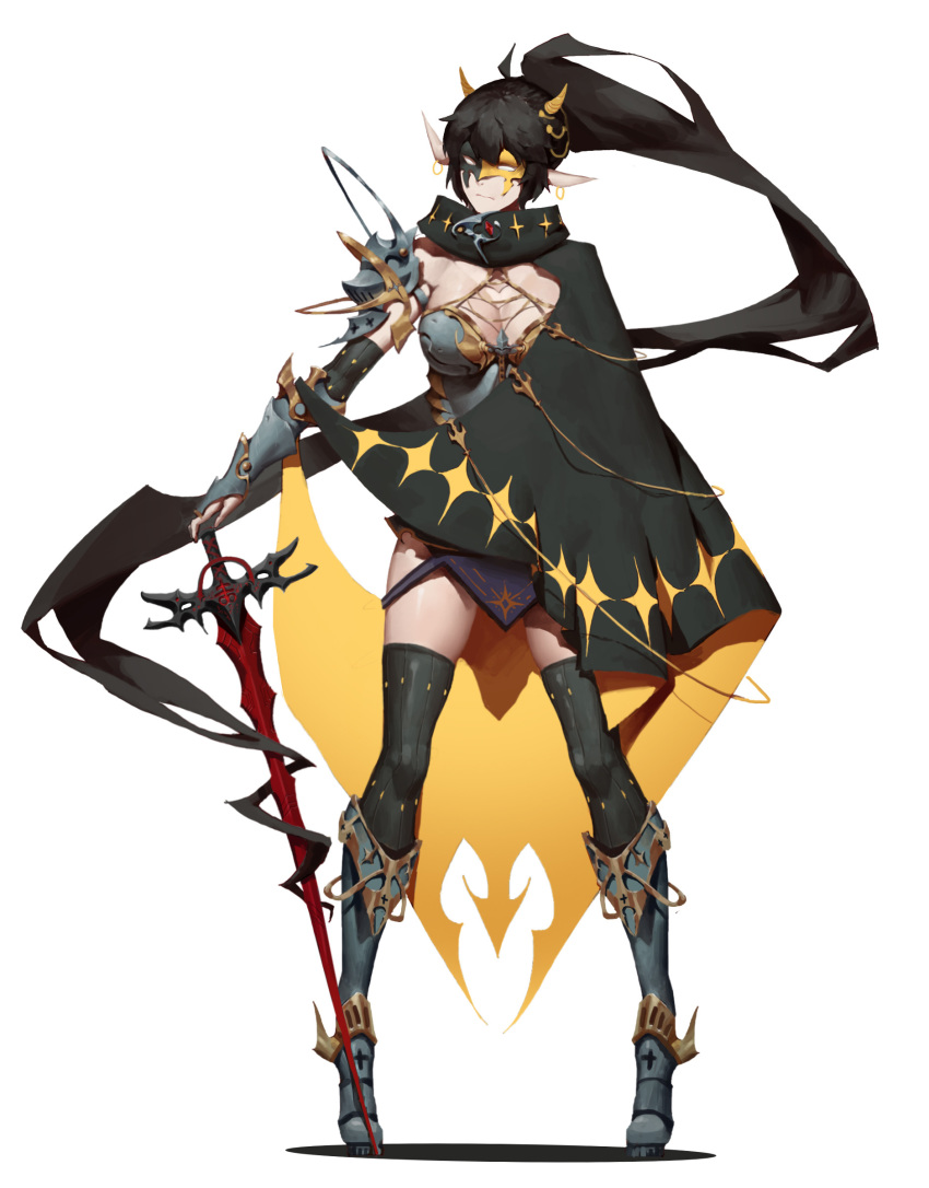1girl absurdly_long_hair absurdres armor black_cape black_hair boobplate breastplate breasts cape closed_mouth earrings elbow_gloves eye_mask full_body gauntlets gloves highres jewelry large_breasts long_hair mask metal_boots original pointy_ears ponytail shoulder_armor simple_background solo spaulders thigh-highs very_long_hair waterkuma white_background