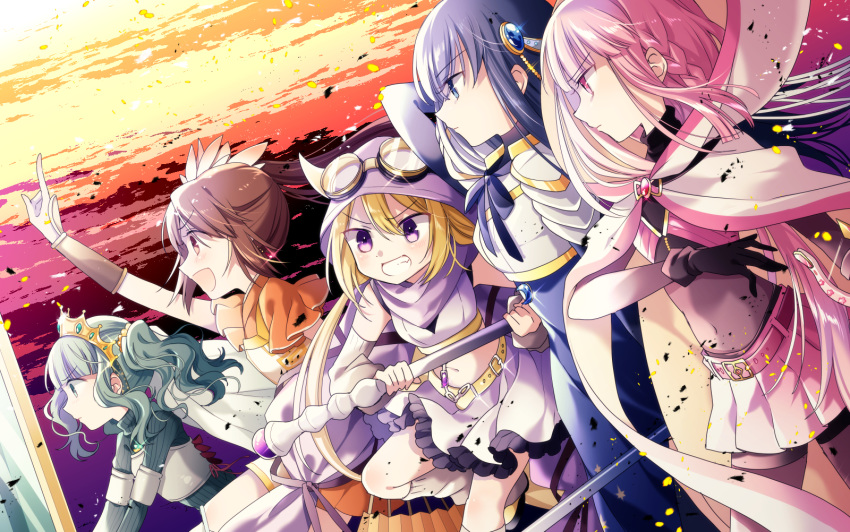 5girls :d arm_warmers armlet armor ashes ayumaru_(art_of_life) bangs bare_shoulders belt bike_shorts black_gloves black_legwear blonde_hair blue_dress blue_eyes blue_hair blue_ribbon blunt_bangs blush braid breasts brown_eyes brown_hair clenched_teeth cloak closed_mouth clouds cloudy_sky contrapposto cowboy_shot curly_hair dress dutch_angle earrings excited expressionless eyebrows_visible_through_hair eyelashes fan flat_chest floating_hair flower frilled_skirt frilled_sleeves frills from_side frown futaba_sana gloves glowing goggles goggles_on_head gradient gradient_sky green_eyes green_hair green_sweater grin hair_between_eyes hair_bobbles hair_flower hair_ornament half-closed_eyes hand_up happy highres holding holding_weapon hood hood_up hooded_cloak horns index_finger_raised jewelry jitome leg_warmers legs_apart light_particles long_hair looking_afar magia_record:_mahou_shoujo_madoka_magica_gaiden mahou_shoujo_madoka_magica midriff mitsuki_felicia multiple_girls nanami_yachiyo navel necklace open_mouth orange_sky outdoors parted_lips pink_eyes pink_hair pink_skirt pleated_skirt profile purple_neckwear purple_scarf purple_skirt purple_sky red_sky ribbed_sweater ribbon scarf serious shaded_face shield shiny shiny_hair short_sleeves shoulder_armor side_ponytail sidelocks skirt sky small_breasts smile soul_gem sparkle spaulders standing standing_on_one_leg star_(symbol) star_print straight_hair sweater tamaki_iroha tareme teeth tiara turtleneck turtleneck_sweater twintails upper_body v-shaped_eyebrows very_long_hair violet_eyes weapon white_cloak wide-eyed wide_sleeves wristband yui_tsuruno