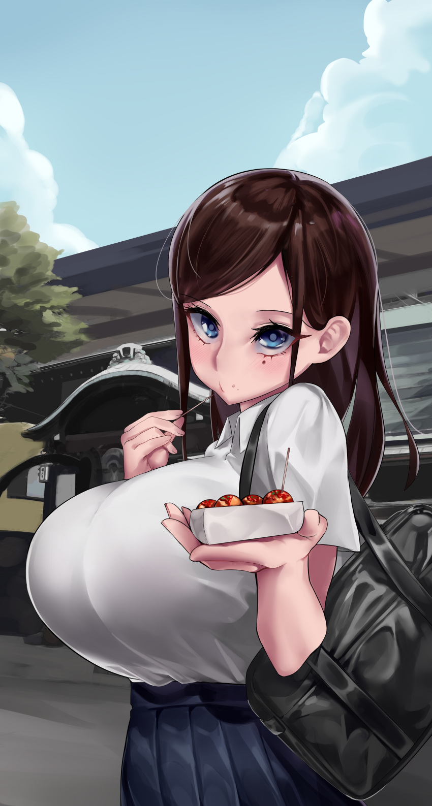 1girl absurdres architecture bag bangs blue_eyes blue_skirt blue_sky blush breasts brown_hair clouds collared_shirt dango dumpling east_asian_architecture eating food giving highres huge_breasts large_breasts long_hair looking_at_viewer mole mole_under_eye original pleated_skirt school_bag school_uniform shirt short_sleeves sidelocks skirt sky swept_bangs teira tray tree wagashi white_shirt