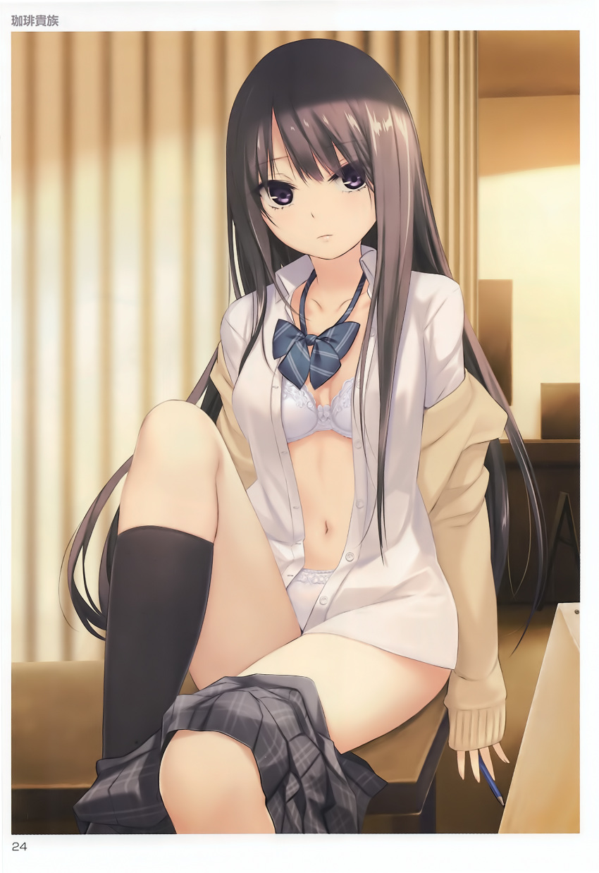 1girl absurdres artist_name bangs black_hair black_legwear blue_eyes blurry blurry_background bow bra breasts buttons closed_mouth coffee-kizoku collarbone eyebrows_visible_through_hair highres holding indoors knee_up lips long_hair looking_at_viewer medium_breasts off_shoulder open_clothes page_number panties pencil scan school_uniform shiny shiny_hair shiramine_rika shirt sitting skirt skirt_removed sleeves_past_wrists socks solo toranoana underwear
