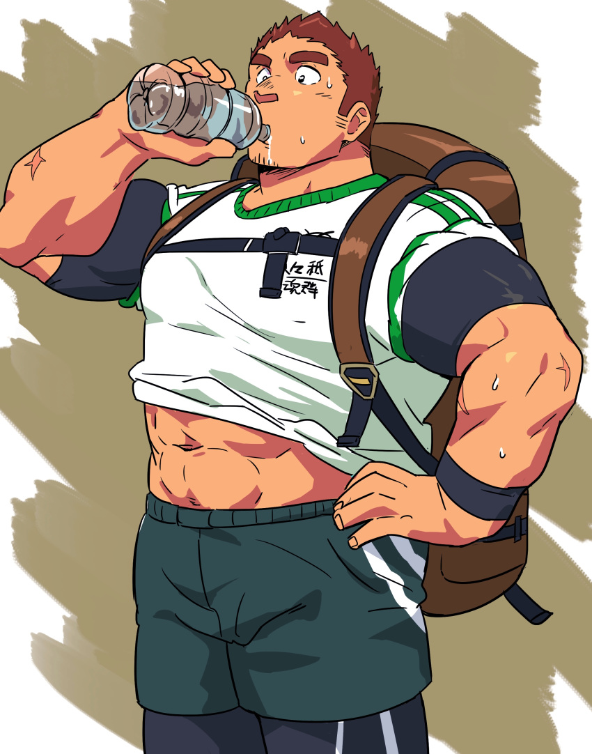 1boy abs absurdres backpack bag bara bottle brown_hair chest facial_hair gunzo_(tokyo_houkago_summoners) highres male_focus manly muscle navel ruizu_(takakisan503) shirt_pull shorts sportswear thick_eyebrows tight tokyo_houkago_summoners upper_body water_bottle