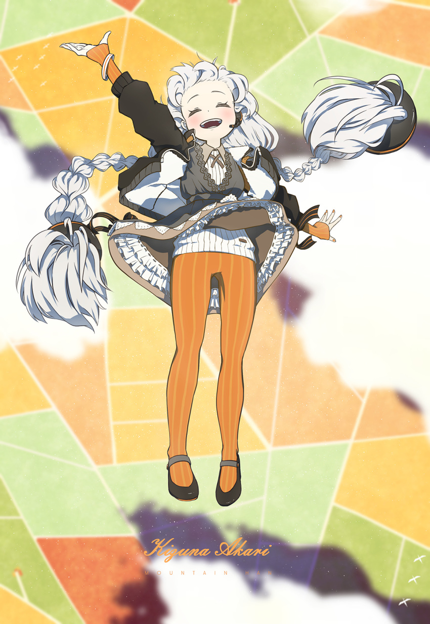 1girl :d above_clouds artist_name black_jacket blush braid character_name dress facing_viewer fingernails full_body grey_dress hand_up headphones highres jacket kizuna_akari long_hair long_sleeves microphone mountain_han nail_polish open_clothes open_jacket open_mouth orange_legwear orange_nails pantyhose short_dress smile solo twin_braids twintails very_long_hair voiceroid white_hair