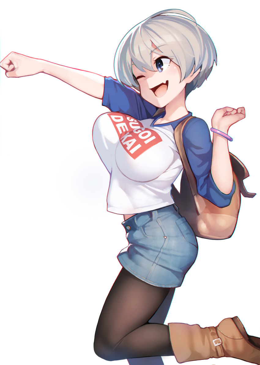 1girl ataruman bouncing_breasts breasts clenched_hands denim denim_skirt grey_hair highres jumping large_breasts leggings meme_attire short_hair skirt solo sugoi_dekai uzaki-chan_wa_asobitai! uzaki_hana white_background