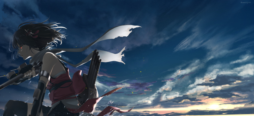 1girl black_gloves black_hair black_legwear black_skirt cannon clouds common2012 elbow_gloves fingerless_gloves from_side gloves highres holding holding_torpedo kantai_collection miniskirt neckerchief outdoors pleated_skirt red_eyes remodel_(kantai_collection) rigging scarf school_uniform sendai_(kantai_collection) serafuku single_thighhigh skirt sky solo thigh-highs torpedo torpedo_launcher torpedo_tubes turret two_side_up white_scarf