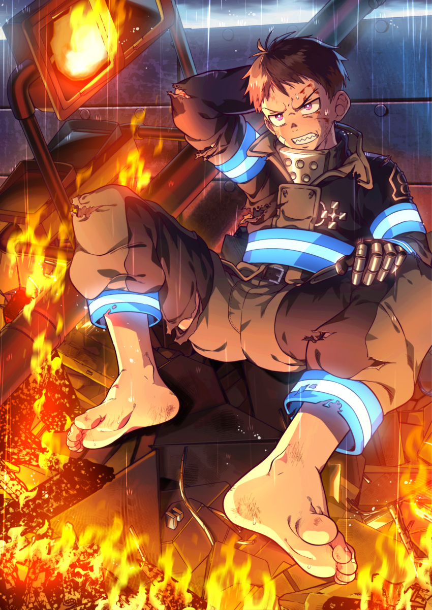 1boy bangs barefoot black_hair bruise bruise_on_face en'en_no_shouboutai fire full_body glowing hand_behind_head hand_on_own_thigh highres injury male_focus red_eyes sharp_teeth shinra_kusakabe solo sweatdrop teeth torn_clothes zxanzai
