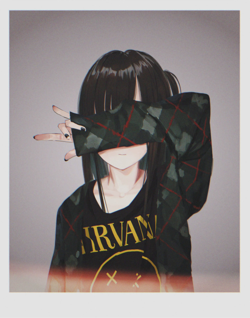 1girl \n/ absurdres black_nails black_shirt border brown_hair closed_mouth facing_viewer fingernails hand_over_eye highres merchandise nadegata nail_polish nirvana_(band) one_side_up original shirt solo upper_body white_border