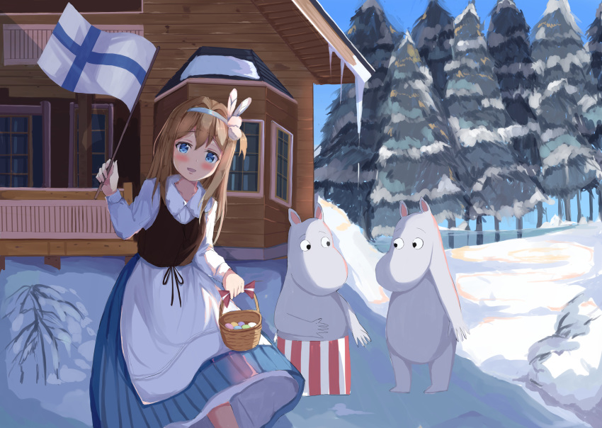 1boy 2girls blue_eyes blush easter_egg egg finnish_clothes finnish_flag girls_frontline highres light_brown_hair moomin moominmamma moomintroll multiple_girls natsuki_(digretking) snow suomi_kp31_(girls_frontline) waving_flag winter