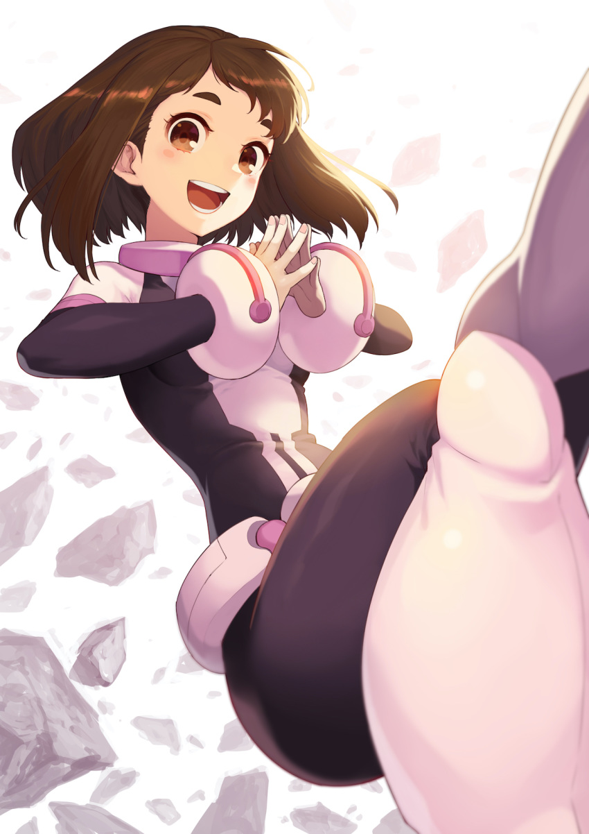 1girl :d black_bodysuit blush_stickers bodysuit boku_no_hero_academia boots breasts brown_eyes brown_hair commentary_request floating floating_hair gloves highres looking_at_viewer medium_breasts nakamura_eight open_mouth rock short_hair skin_tight smile solo uraraka_ochako white_footwear white_gloves