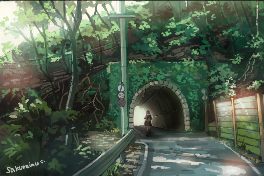 1girl artist_name black_footwear black_hair black_skirt facing_away highres outdoors power_lines road road_sign sakura_inu_(itoyatomo) scenery school_uniform sign skirt tree tunnel twintails