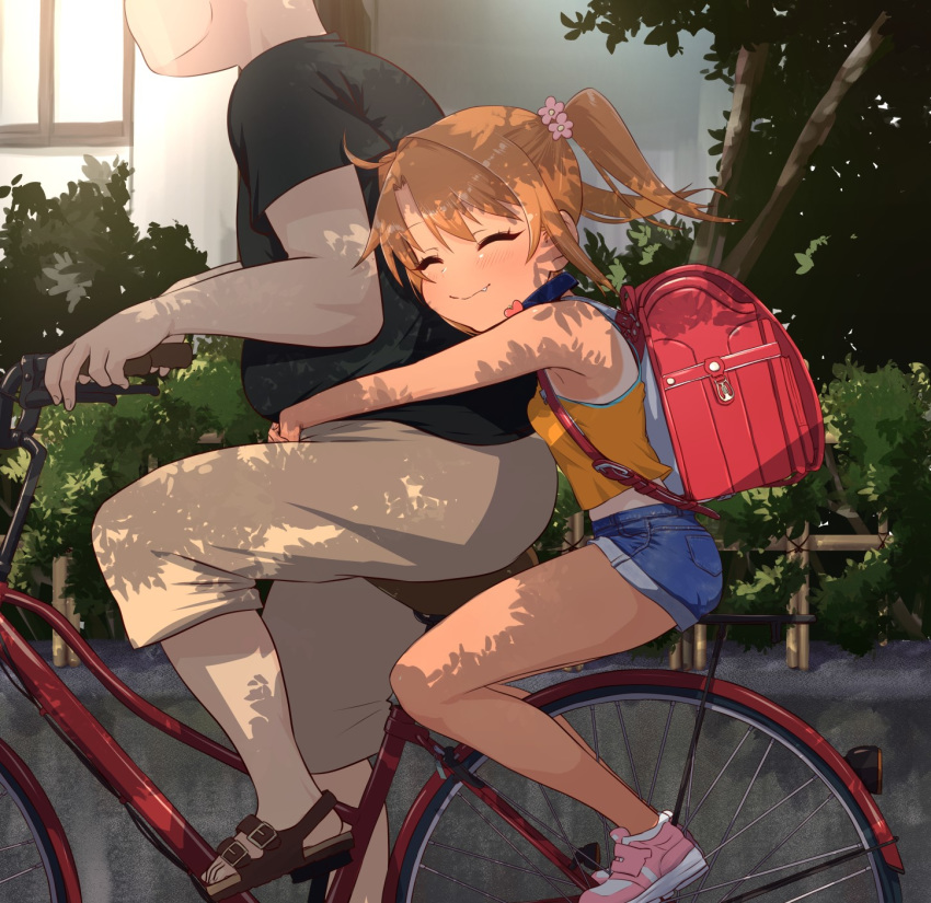 1boy 1girl ^_^ ass backpack bag bare_shoulders bicycle blush breasts brown_hair child closed_eyes coffee-milk-moumou collar commentary_request fang fang_out fat ground_vehicle highres hug original outdoors randoseru shorts small_breasts smile tan tank_top tanline twintails yuma_(coffee-milk-moumou)