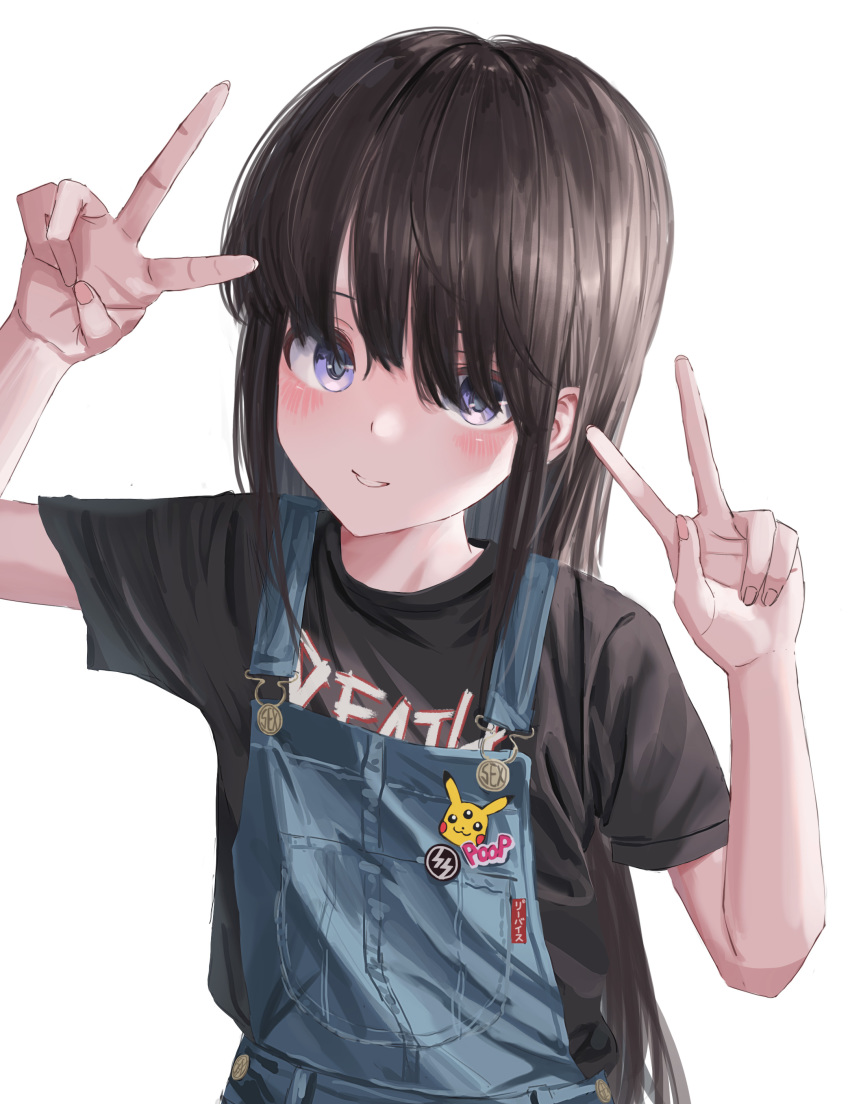 1girl absurdres black_shirt blue_overalls blush brown_hair clothes_writing double_v gen_1_pokemon hands_up highres long_hair looking_at_viewer nadegata original overalls pikachu pokemon shirt short_sleeves simple_background smile solo ss_insignia upper_body v violet_eyes white_background