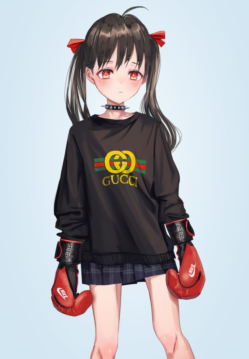 1girl absurdres ahoge black_sweater blue_skirt boxing_gloves bright_pupils brown_hair closed_mouth collar cowboy_shot grey_background gucci highres long_hair long_sleeves looking_at_viewer nadegata original pleated_skirt red_eyes simple_background skirt solo spiked_collar spikes standing sweater twintails white_pupils