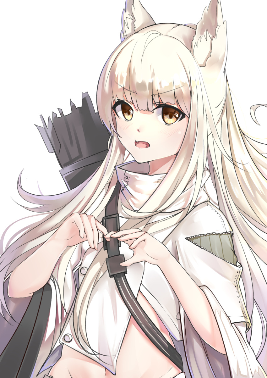 1girl absurdres animal_ear_fluff animal_ears arknights bangs brown_eyes commentary_request eyebrows_visible_through_hair goldbaka hands_up high_collar highres long_hair looking_at_viewer midriff navel open_mouth platinum_(arknights) quiver shirt silver_hair simple_background solo upper_body white_background white_shirt