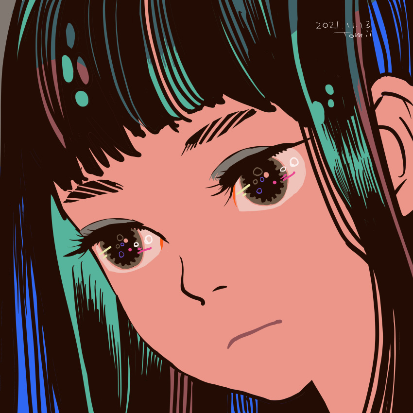 1girl absurdres bangs black_hair blunt_bangs brown_eyes dated expressionless highres original portrait procreate_(medium) signature solo tomidoron
