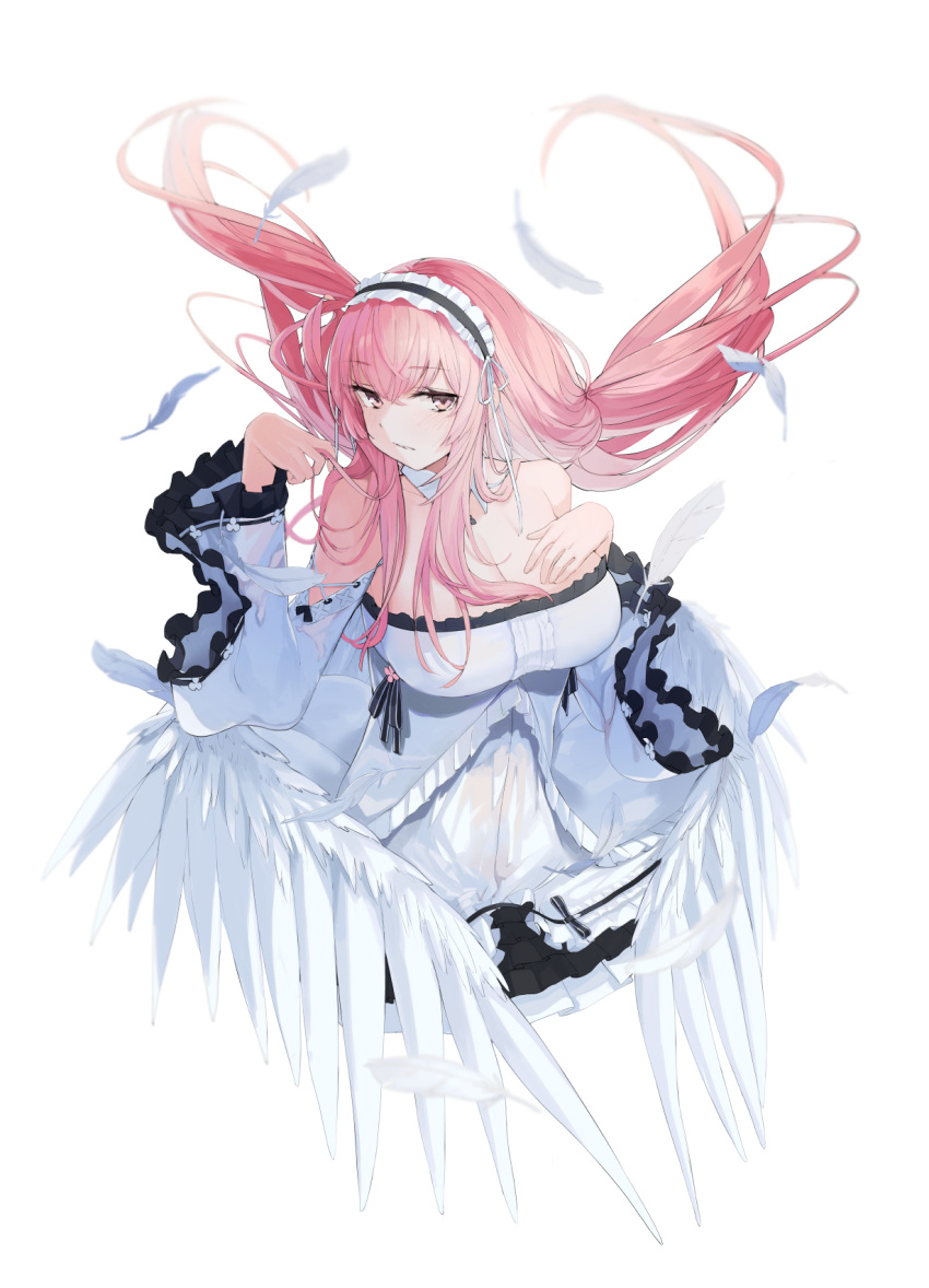 1girl azur_lane bare_shoulders breasts center_frills dress eyebrows_visible_through_hair feathers frilled_dress frilled_hairband frills hairband highres large_breasts long_hair marble_(marblesized) perseus_(azur_lane) pink_eyes pink_hair very_long_hair white_dress white_sleeves wide_sleeves yellow_eyes