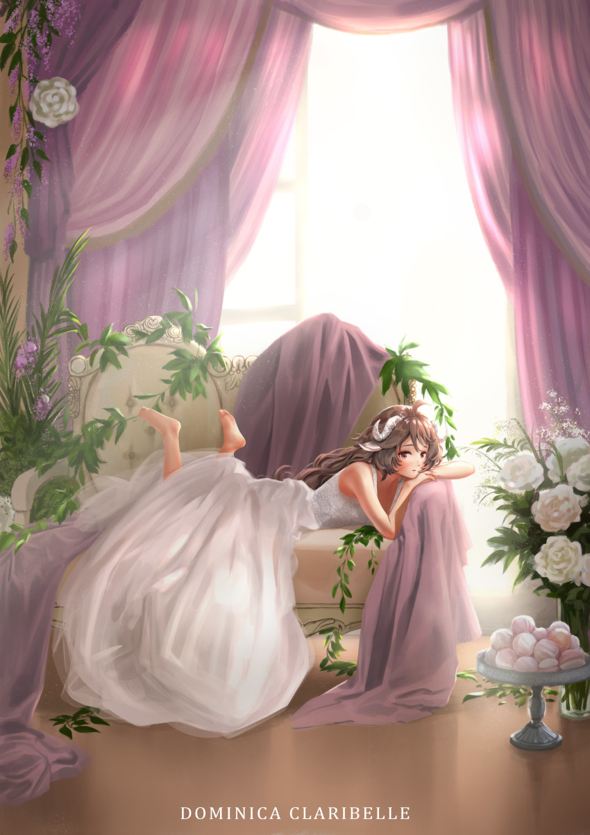 1girl absurdres arknights barefoot blush couch curtains dclaribelle dress ears eyjafjalla_(arknights) flower food highres horns indoors light_brown_hair plant red_eyes white_horns