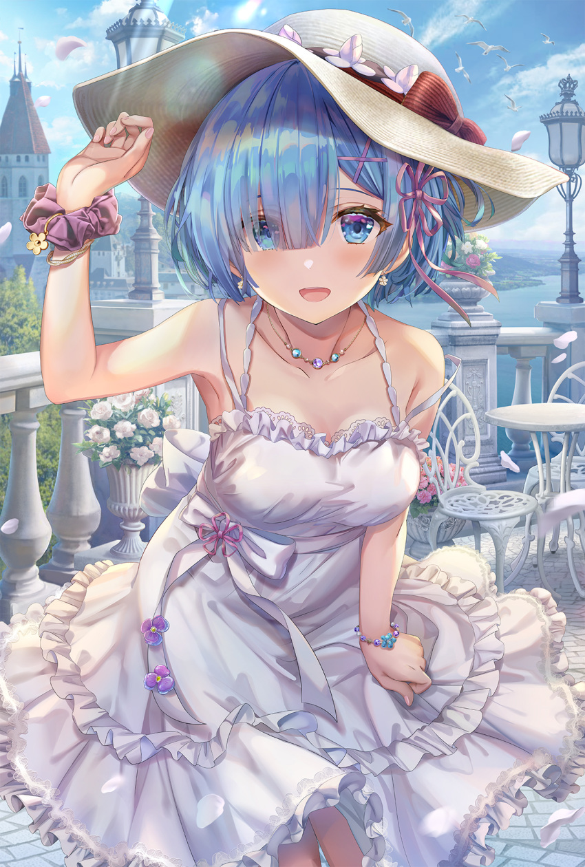 1girl arm_up armpits bangs bare_shoulders blue_eyes blue_hair blue_sky blush breasts dress earrings hair_ornament hair_over_one_eye hat highres jewelry lamp looking_at_viewer necklace open_mouth re:zero_kara_hajimeru_isekai_seikatsu rem_(re:zero) scrunchie short_hair sky sleeveless sleeveless_dress smile sun_hat sundress torino_akua white_dress wrist_scrunchie x_hair_ornament