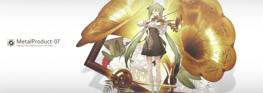 1girl black_skirt closed_eyes commentary cropped expressionless facing_viewer feet_out_of_frame flower green_hair hakama_skirt hatsune_miku highres holding holding_instrument instrument keyboard_(instrument) kieed kneehighs long_hair metal music phonograph playing_instrument reflection shirt skirt standing trumpet twintails very_long_hair violin violin_bow vocaloid white_background white_flower white_legwear white_shirt wide_shot