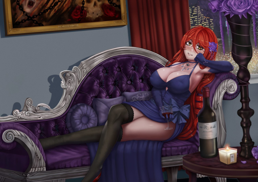 blush bottle breasts candle couch cup dress drinking_glass flower gloves hair_flower hair_ornament jewelry long_hair lounging necklace night painting_(object) redhead silvertsuki1 thigh-highs wine_bottle wine_glass yellow_eyes