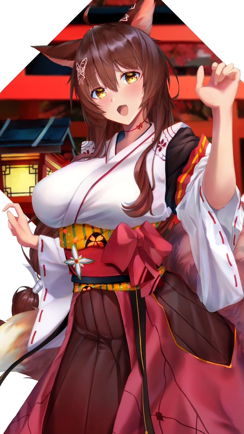 1girl absurdres ahoge animal_ears blush bow breasts brown_hair butterfly_hair_ornament commentary_request cowboy_shot detached_sleeves eyebrows_visible_through_hair fox_ears fox_girl fox_tail fumi_(nijisanji) hair_between_eyes hair_ornament hakama highres huge_filesize japanese_clothes large_breasts long_hair long_sleeves looking_at_viewer miko mugichapossible nijisanji obi open_mouth red_bow red_hakama sash smile solo standing tabi tail virtual_youtuber wide_sleeves yellow_eyes