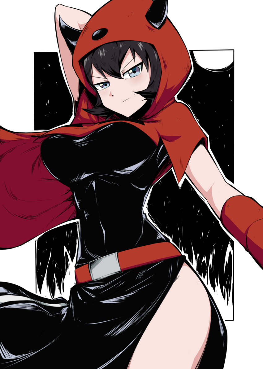 1girl arm_up bangs belt belt_buckle black_hair breasts buckle closed_mouth commentary_request covered_navel fake_horns grey_eyes hair_between_eyes highres hood hood_up horned_headwear horns kagari_(pokemon) pokemon pokemon_special red_belt shimure_(460) short_hair smile solo team_magma team_magma_uniform