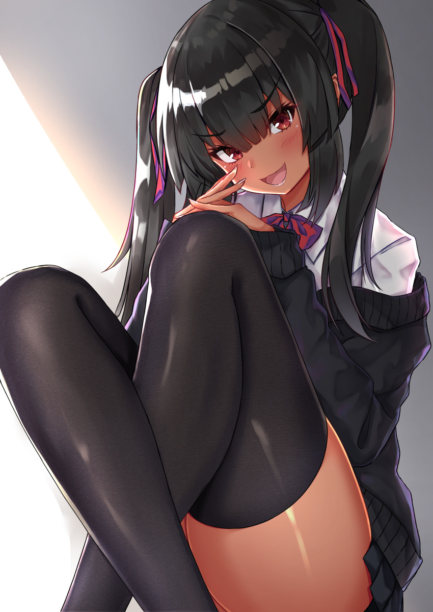 1girl :d absurdres bangs black_legwear blush cardigan dark_skin eyebrows_visible_through_hair highres long_hair looking_at_viewer off_shoulder open_mouth original pleated_skirt rokita school_uniform simple_background sitting skirt sleeves_past_wrists smile solo thigh-highs thighs twintails violet_eyes