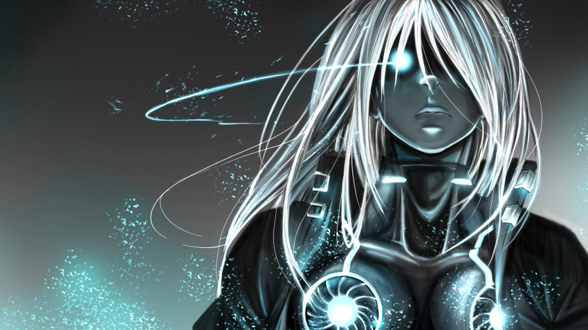 1girl absurdres black_jacket blue_eyes breasts closed_mouth collarbone cyborg glowing glowing_eye gradient gradient_background grey_skin hair_over_one_eye highres jacket long_hair open_clothes open_jacket original science_fiction shaded_face shobu_minaka solo white_hair