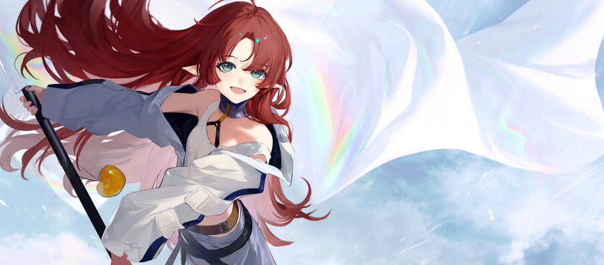 1girl apple arknights bangs banner belt blue_eyes blue_sky breasts clouds cloudy_sky commentary cowboy_shot day eyebrows_visible_through_hair eyelashes flag food fruit golden_apple hair_between_eyes highres holding holding_flag hoojiro jacket long_hair looking_at_viewer midriff myrtle_(arknights) off_shoulder open_mouth outdoors parted_bangs pointy_ears redhead skirt sky sleeveless small_breasts smile solo tank_top white_jacket white_skirt white_tank_top wind