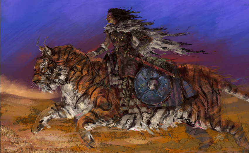 1boy animal armor azure_meraki black_hair boots chainmail closed_mouth dio_(band) gambeson highres holding holding_sword holding_weapon long_hair male_focus oversized_animal pelt riding saddle scabbard sheath shield smile solo sword tiger tiger_pelt weapon