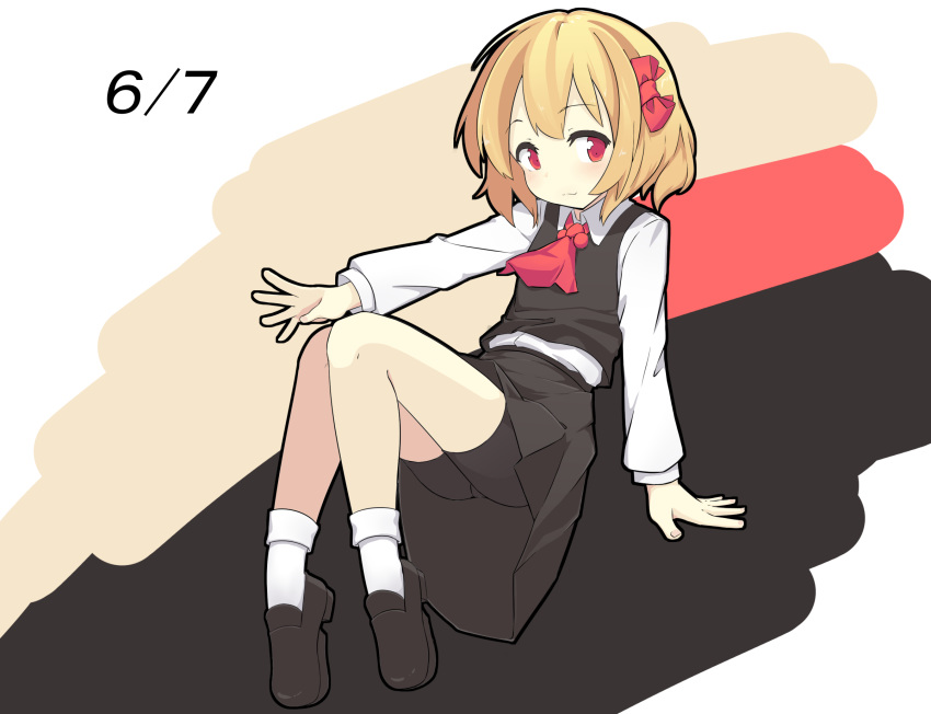 1girl ascot bangs bike_shorts black_footwear black_skirt blonde_hair blush closed_mouth dated eyebrows_visible_through_hair full_body hair_ribbon highres hino_(yuruyurukoubou) loafers long_sleeves red_eyes red_neckwear red_ribbon ribbon rumia shoes short_hair skirt socks solo touhou white_legwear